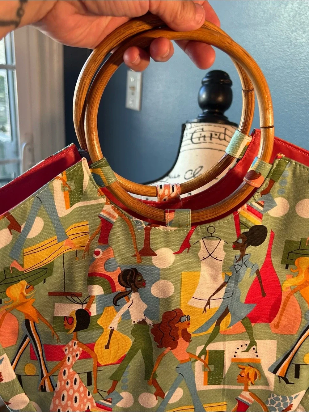Neiman Marcus Bamboo Handles Retro Pattern Mad Men Fabric Tote Purse